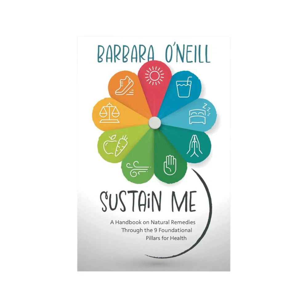 Book cover of 'Sustain Me' by Barbara O'Neill with colorful icons on a white background