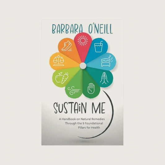 Book cover of 'Sustain Me' by Barbara O'Neill with colorful icons on a white background